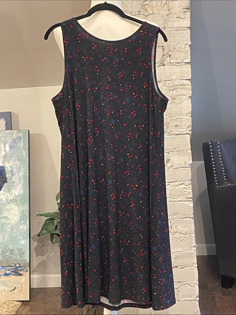 Anne Klein Black Sleeveless Midi Dress with Red and Blue Dot Motif